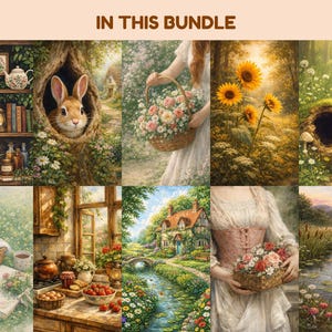 May include: A collection of nine digital art prints featuring idyllic scenes. The images include a rabbit in a tree, a person holding a basket of flowers, sunflowers, ladybugs, a picnic, a kitchen, a cottage, and a pond with ducks.
