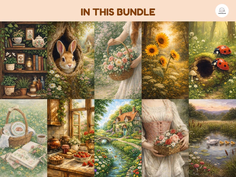 May include: A collection of nine digital art prints featuring idyllic scenes. The images include a rabbit in a tree, a person holding a basket of flowers, sunflowers, ladybugs, a picnic, a kitchen, a cottage, and a pond with ducks.