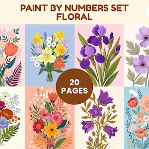 May include: A set of floral paint-by-numbers pages. The image displays eight different floral arrangements, each with a unique color palette. The text at the top reads "PAINT BY NUMBERS SET FLORAL". A brown circle in the center reads "20 PAGES".