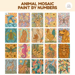 May include: A collection of 20 mosaic-style paint-by-number art pieces featuring various animals. The artwork includes dolphins, parrots, a deer, a hummingbird, a butterfly, a turtle, a cat, a swan, a rooster, a dog, a dragonfly, a seahorse, rabbits, a peacock, a lion, a deer, a giraffe, koi fish, a heron, and parrots.