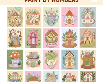 20 sprookjes huis verf op nummer bundel, digitale kleuren op nummer, afdrukbaar kleurboek voor volwassenen, kinderen sprookjes kleurplaten, bloemen kleurplaten