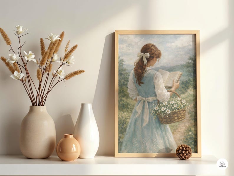 May include: A framed print depicts a woman in a blue dress reading a book while carrying a basket of flowers. The print is displayed on a white shelf alongside three vases with dried flowers and a decorative pinecone.
