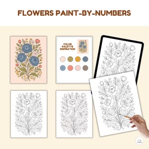 Op de afbeelding: Een digitale verf-op-nummer-set met een bloemenontwerp. De set bevat een kleurenpalet-inspiratiegids, een digitaal canvas en een afdrukbare kleurplaat. De bloemen zijn in zwart-wit getekend en klaar om in te kleuren.
