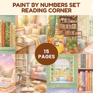Paquete de 15 rincones acogedores de lectura para pintar por números, imprimibles para colorear por números, libro digital para colorear para adultos de Procreate, estilo cottagecore para bibliófilos.