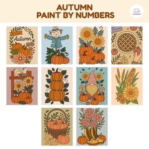 May include: A selection of autumn-themed paint-by-number designs. Each design features pumpkins, sunflowers, scarecrows, and other autumnal elements. The designs are in a vintage, cartoon style with a warm colour palette, including orange, brown, and beige.