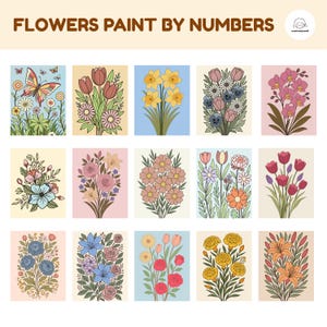 15 Flowers Paint By Numbers Bundle, Floral Coloring Pages, Adults Color by Number, Digital Coloring Pages, Procreate Coloring Book, Flower