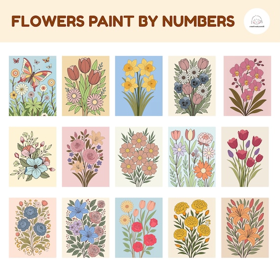 15 Flowers Paint By Numbers Bundle, Floral Coloring Pages, Adults Color by Number, Digital Coloring Pages, Procreate Coloring Book, Flower