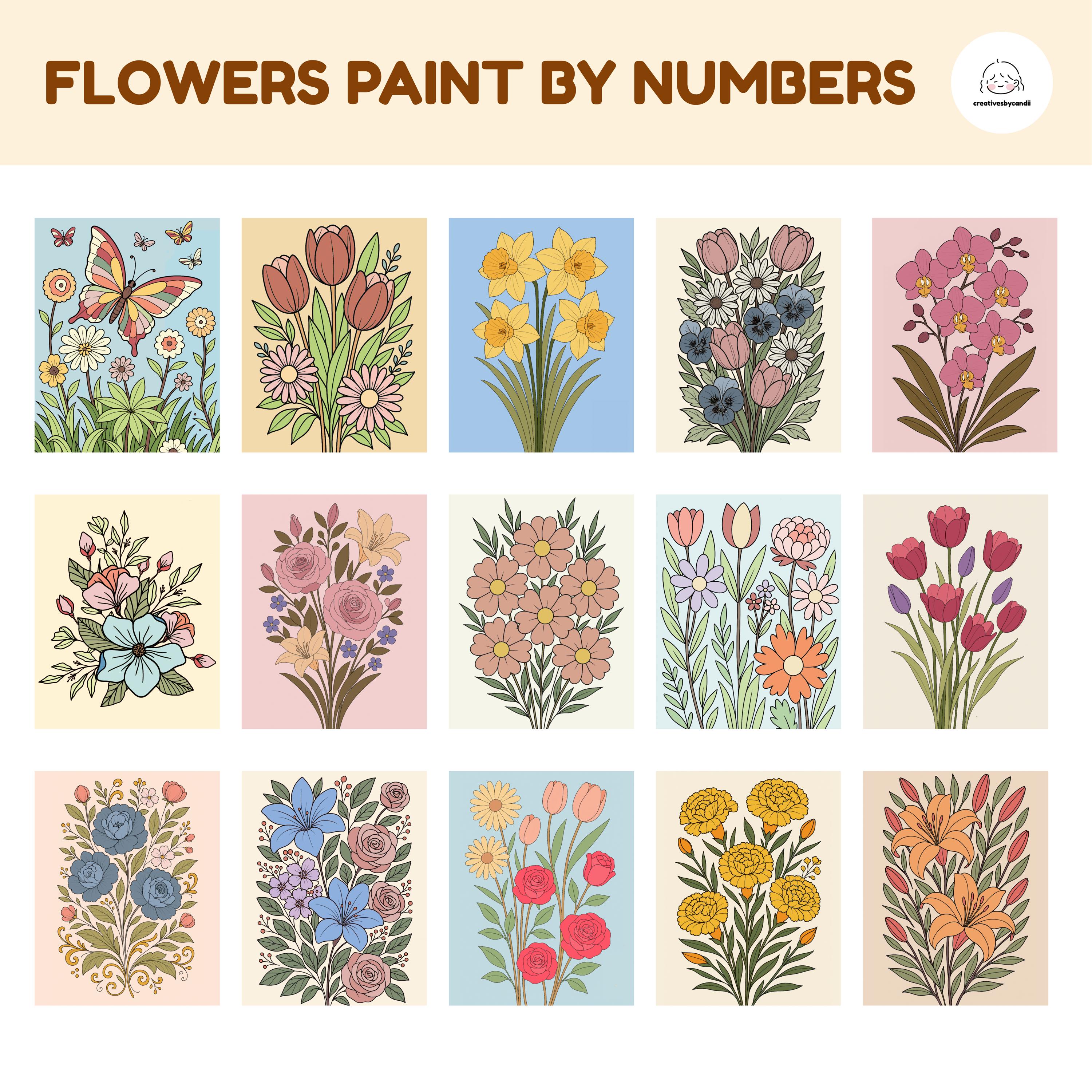 Pack de 15 Flores para Pintar por Números – Láminas de Colorear Florales para Adultos, Libro de Coloreo Digital e Imprimible para Procreate