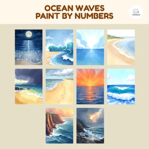 Pode incluir: Uma coleção de nove pinturas em aquarela retratando cenas oceânicas. As pinturas apresentam ondas, praias, pores do sol e uma lua cheia. O texto "OCEAN WAVES PAINT BY NUMBERS" está no topo da imagem.