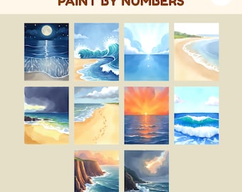 10 Ocean waves paint by numbers bundle, landscape color by numbers, adult coloring page, coastal procreate digital colored number, printable