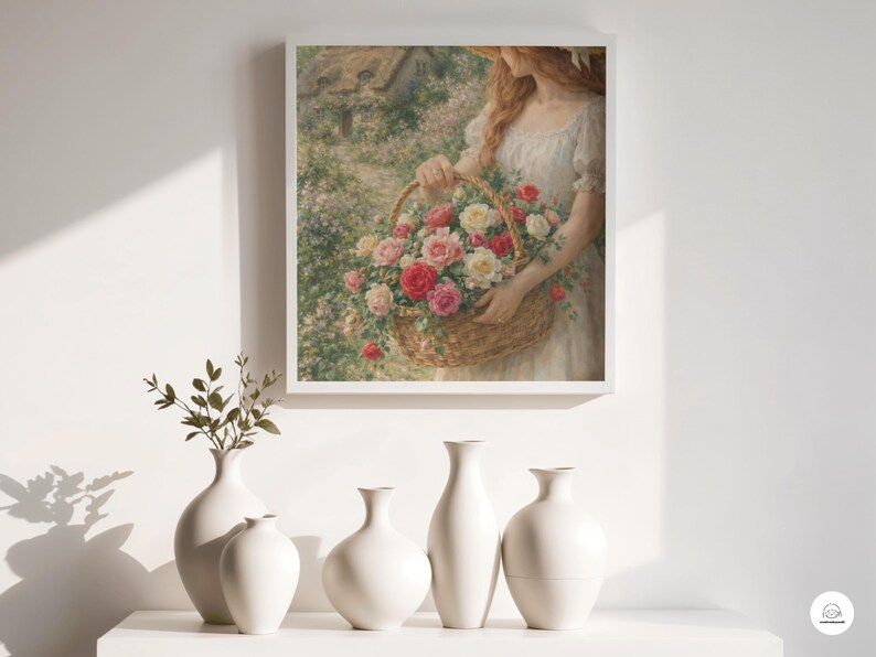 May include: A framed print depicts a woman in a white dress holding a woven basket overflowing with pink and white roses. Below, five white ceramic vases of varying shapes sit on a white surface, with a sprig of greenery in the leftmost vase.