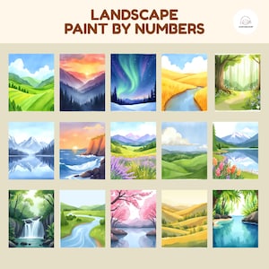 Pode incluir: Uma coleção de pinturas de paisagens, cada uma retratando uma cena natural diferente. As pinturas incluem colinas verdes, cadeias de montanhas e corpos d'água. O texto "LANDSCAPE PAINT BY NUMBERS" está no topo.