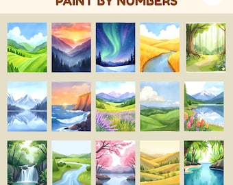 15 landscape paint by numbers bundle, color by numbers, adults printable coloring pages, digital procreate coloring book, printable CBN PBN