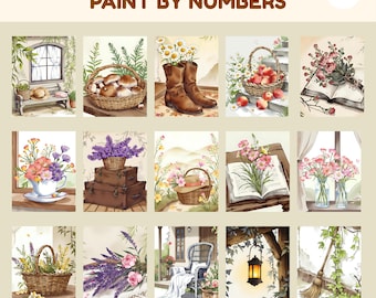 15 Vintage Cottagecore Paint by Numbers for Adults Digital Coloring Pages, Color By Number, Adult Floral Coloring Pages, Number Color Bundle