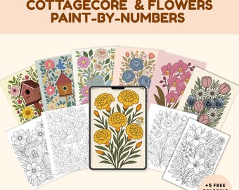 30 Floral and Cottagecore Paint By Numbers for Adults, Flower Coloring Pages, Adults Coloring Pages, Floral Color By Numbers, Number Color