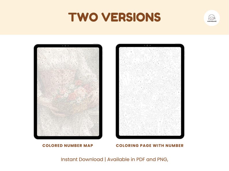 May include: Two digital art versions are displayed on tablets. One shows a colored number map, the other a coloring page with numbers. The text "TWO VERSIONS" is at the top. The bottom text reads "COLORED NUMBER MAP" and "COLORING PAGE WITH NUMBER".