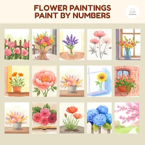 Pode incluir: Uma coleção de pinturas em aquarela com várias flores, incluindo rosas, lavanda e girassóis. O texto "FLOWER PAINTINGS PAINT BY NUMBERS" é exibido no topo. Cada pintura apresenta um arranjo floral diferente em um estilo suave e artístico.