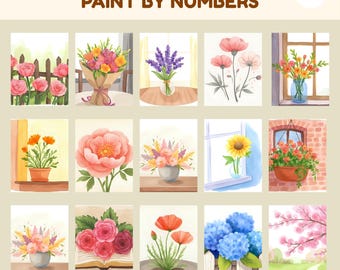 15 bloemenschilderijen kleuren op nummerpagina's, bundel bloemen verf op nummer, digitale kleurset, natuur afdrukbaar boek voor volwassen voortplanten, pbn
