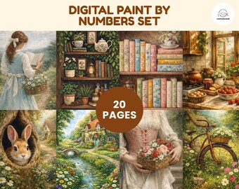 20 Cottagecore Paint by Numbers, Adult Digital Coloring Pages, Printable Color By Number, Procreate iPad Coloring Pages, Number Color Bundle