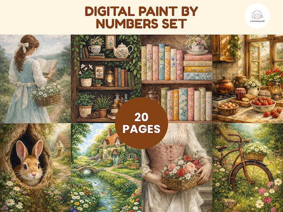 20 Cottagecore Paint by Numbers, Adult Digital Coloring Pages, Printable Color By Number, Procreate iPad Coloring Pages, Number Color Bundle