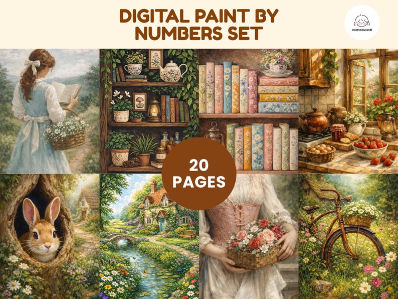May include: Digital paint by numbers set with 20 pages. The image features a collage of idyllic scenes, including a woman reading, a bookshelf, a rabbit in a tree, a cottage, and a bicycle with a basket of flowers.