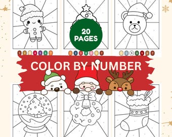 20 feuilles de Noël à colorier par numéro pour les enfants à imprimer, hiver, peinture par numéro de père Noël, facile à colorier pour les fêtes, téléchargement immédiat