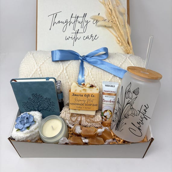 April Birthday Gift Box: Personalized Tumbler, Cozy Blanket, Handmade Soap & Calming Candle