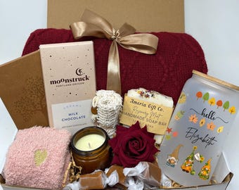 Cozy Fall Gift Basket: Throw Blanket, Personalized Glass Can & Chocolate Bar
