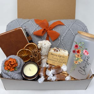 Cozy Fall Gift Basket: Blanket, Personalized Glass Can, Mug & Candle