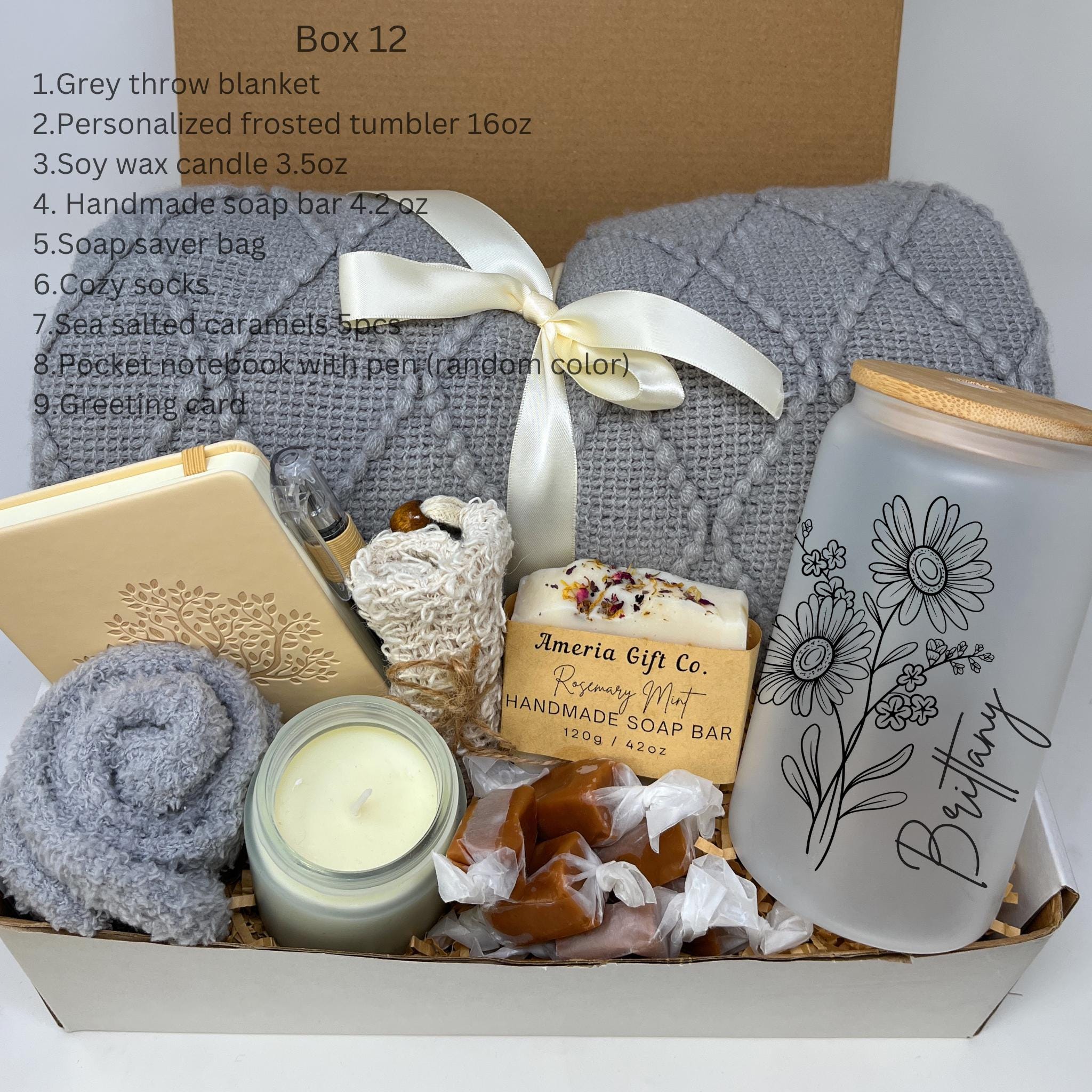Appreciation Gift Box: Personalized Glass, Cozy Blanket & Handmade Soap ...