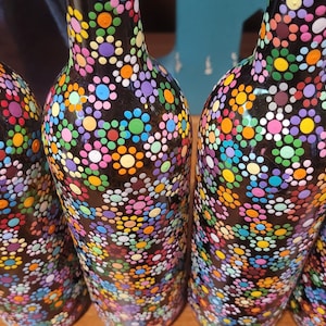 Hand painted wine bottles, dot art, bohemian art, home decor, housewarming gift, handmade gift, home gift, bar decor, one of a kind gift