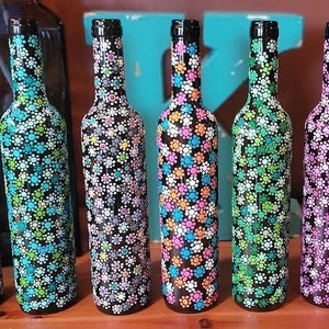 Hand painted wine bottles, dot art, bohemian art, home decor, housewarming gift, handmade gift, conversation piece, home gift, bar decor