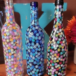 Hand painted wine bottles, dot art, bohemian art, home decor, housewarming gift, handmade gift, home gift, one of a kind gift, bar decor