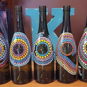 Hand painted wine bottles, dot art, bohemian art, home decor, housewarming gift, handmade gift, home gift, bar decor, one of a kind gift