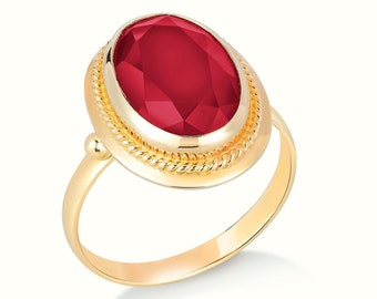 14K Real Gold Vintage Ruby Stone Ring Real 14K Solid Gold Dainty Ring 14K Yellow Gold | Stone Ring | All Sizes