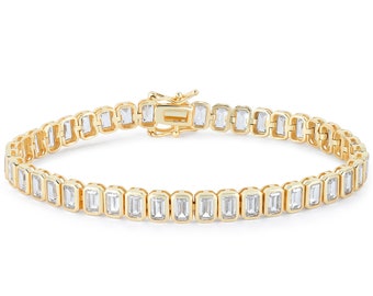 Women Tennis Bracelet White Stone Emerald Shape 925 Sterling Silver Dainty Tennis Bracelet Cubic Zirconia Bracelet Diamond Yellow