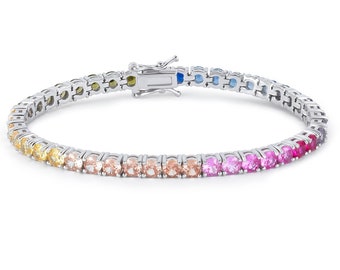 Women Rainbow Tennis Bracelet Multi Color 925 Sterling Silver Dainty Tennis Bracelet Cubic Zirconia Bracelet Diamond Multi Stone Bracelet