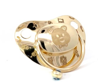 Real 14K Solid Gold Teddy Bear Baby Pacifier | Perfect Gift for Baby | Fully Gold Baby Pacifier with Evil Eye | Gifts For Baby