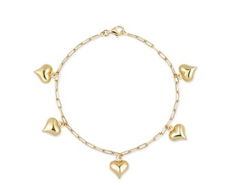 14K Real Gold Heart Shape Paperclips Bracelet | Real 14K Gold Women Paper Clips Charm Bracelet | Yellow White and Rose Gold 7"