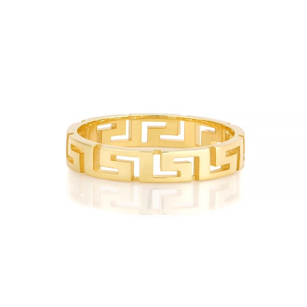 Open Greek Key Shiny Ring 14K Yellow Rose White Gold Plated over 925 Silver Solid Ring All Sizes Women Men