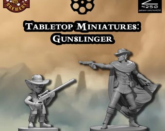 May include: Two gray tabletop miniatures of gunslingers. One figure is a small elf-like character holding a rifle, and the other is a tall figure with a cape and a pistol. The text "Tabletop Miniatures: Gunslinger" is displayed.
