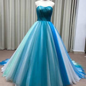 Blue Tulle Wedding Dress | Strapless Ball Gown | Rhinestone Embellished Bodice | Lace-Up Back with Chapel Train