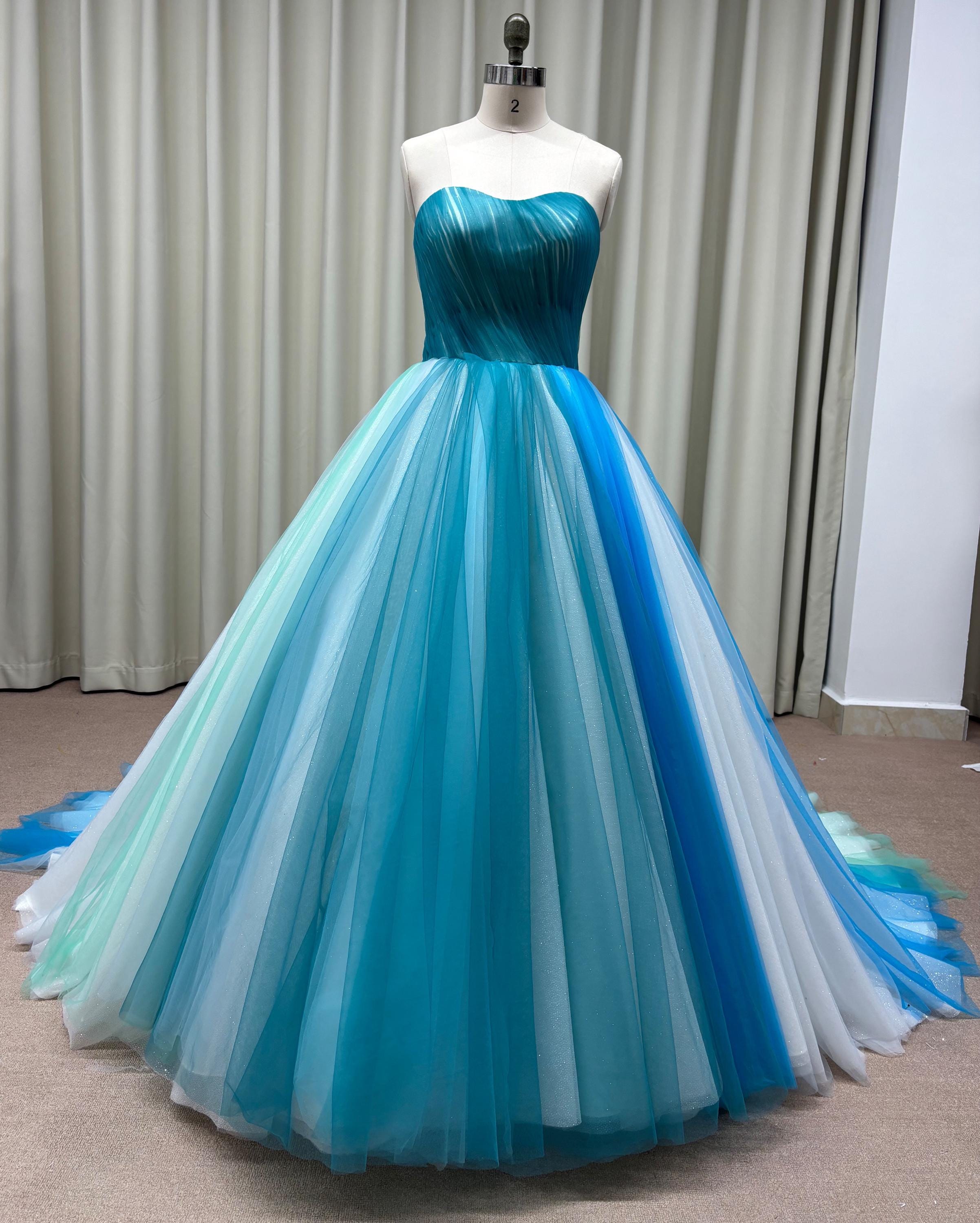 Blue Tulle Wedding Dress | Strapless Ball Gown | Rhinestone Embellished Bodice | Lace-Up Back with Chapel Train