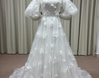 Custom Handmade 3D Floral Off-Shoulder Wedding Dress | Elegant Puff Sleeves | Chapel Train | Romantic White Bridal Gown