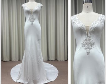 Custom V-Neck Sheath Wedding Dress with Intricate Lace Appliqués | Elegant Bridal Gown with Illusion Back and Chapel Train