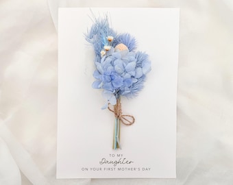Tarjeta para el primer día de la madre para mi hija, tarjeta para el primer día de la madre, tarjeta de lujo con ramo de flores secas.