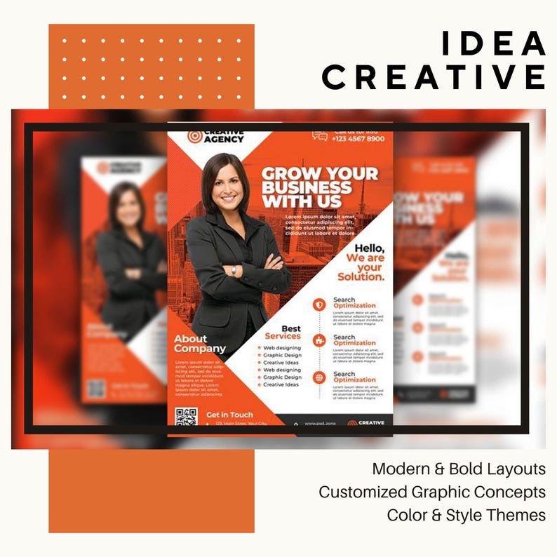 May include: A promotional flyer with a woman in a black blazer, the text "Grow Your Business With Us", and the words "Idea Creative". The flyer has orange and white accents and lists services like web design and graphic design.