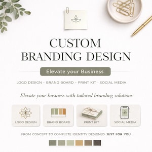 May include: An advertisement for custom branding design services. The image displays the text "CUSTOM BRANDING DESIGN" and "Elevate your Business." Icons represent logo design, brand board, print kit, and social media services. The design uses a neutral colour palette.