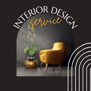 Puede incluir: Un anuncio de un servicio de diseño de interiores. Presenta un sillón amarillo mostaza, una mesa auxiliar dorada con una planta y bombillas colgantes. Las palabras "INTERIOR DESIGN Service" se muestran en blanco y amarillo.