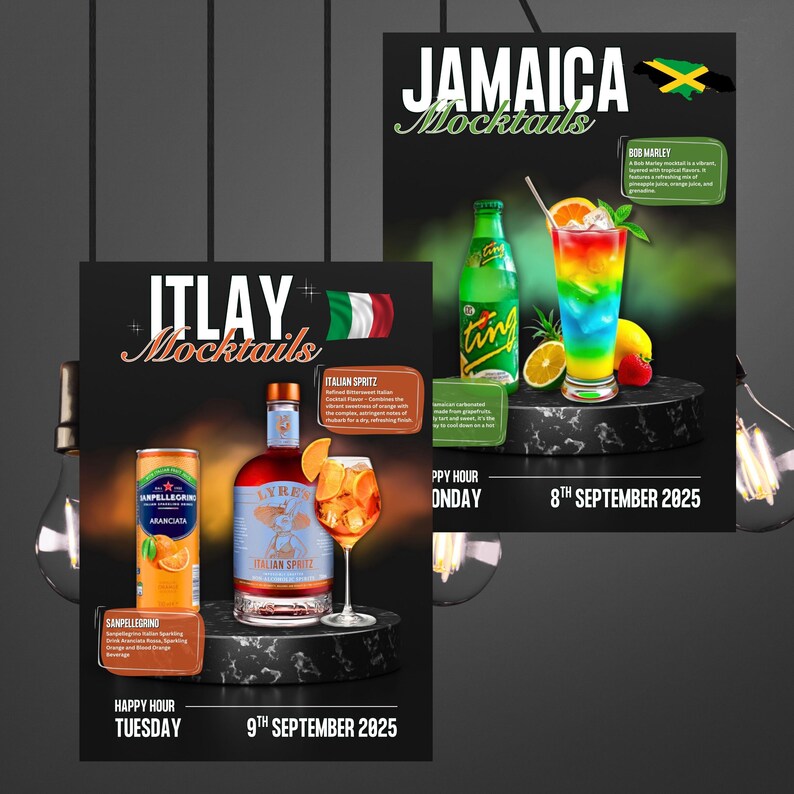 May include: Two posters promoting mocktails. One features an Italian theme with an Italian flag, a can of Sanpellegrino Aranciata, and a bottle of Lyre's Italian Spritz. The other poster has a Jamaican theme with a rainbow layered drink.
